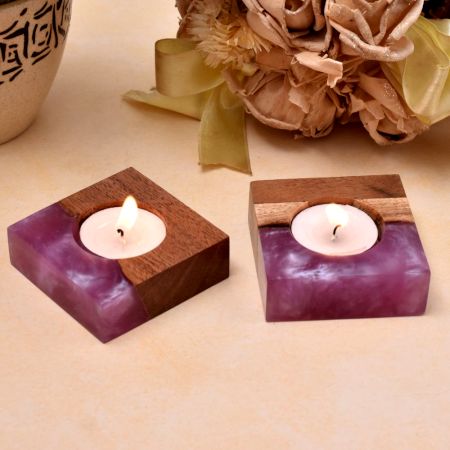 Table Mounted Tealight holder With Pink Resin Effect - 2 Piece